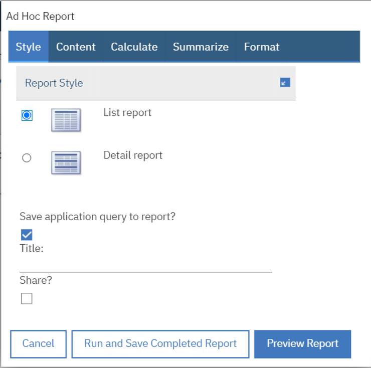 Style Tab - Provide the name for the report.