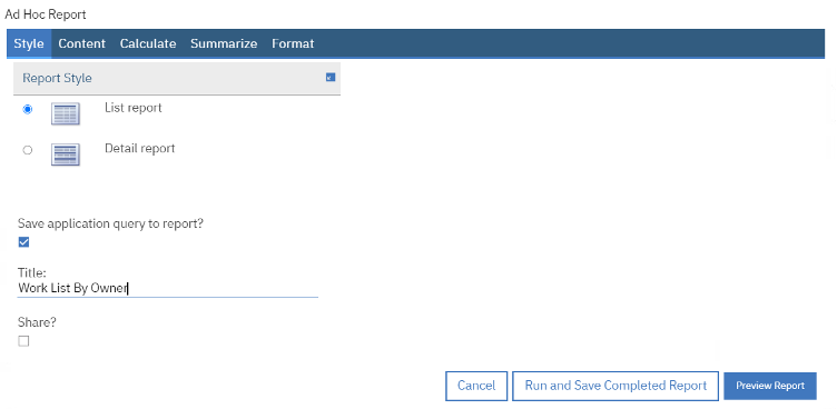 Style Tab - Provide the name for the report