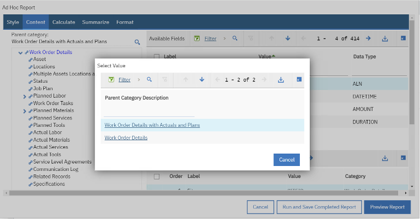 Content Tab – Select the Report Object Structure